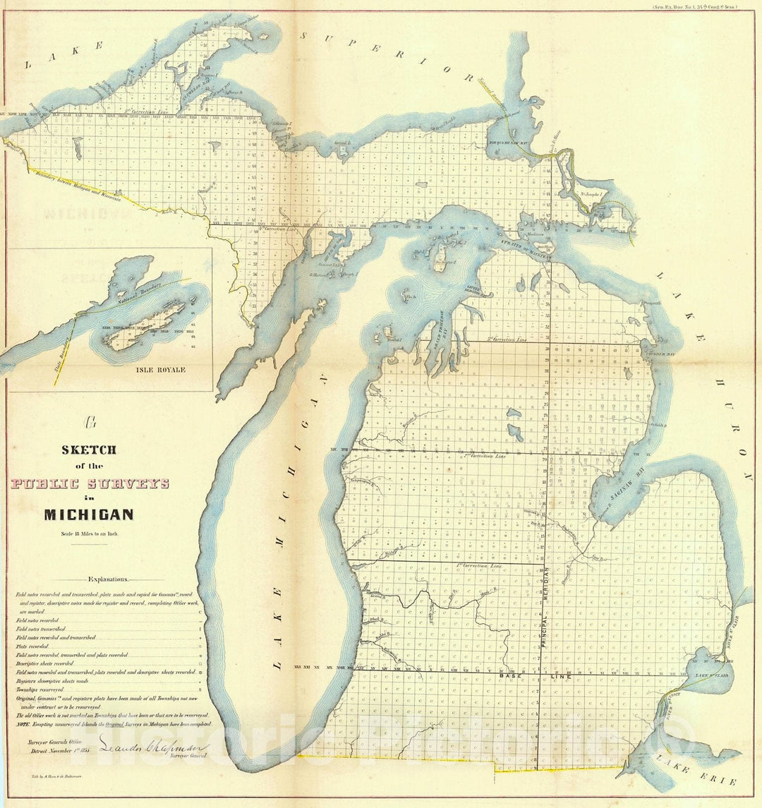 Historic Map : 1855 Sketch of the Public Surveys in Michigan  : Vintage Wall Art