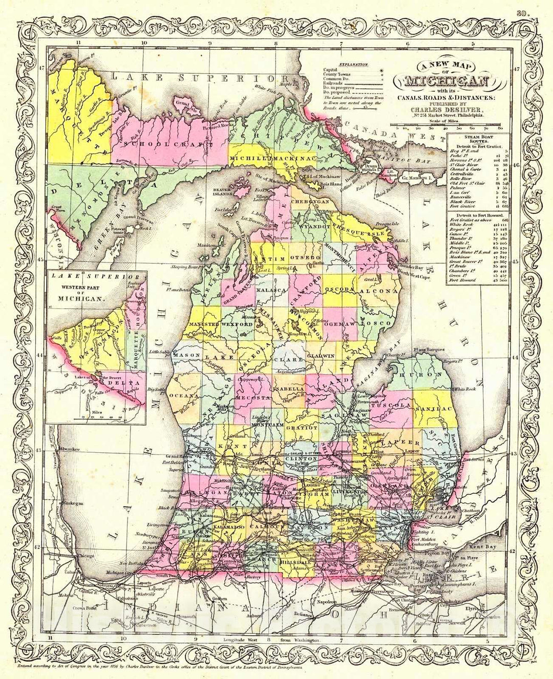 Historic Map : 1856 A New Map of Michigan with its Canals, Roads, and Distances : Vintage Wall Art