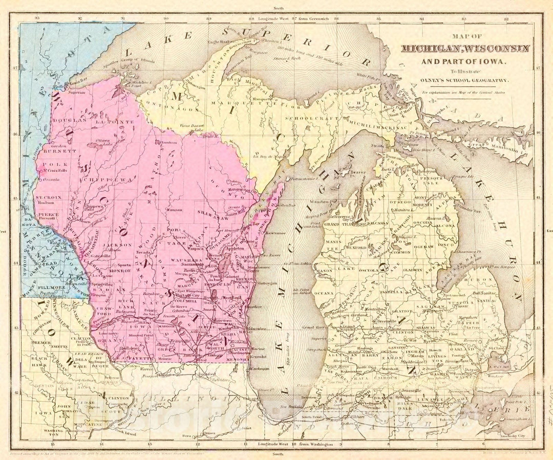 Historic Map : 1858 Map of Michigan, Wisconsin, and Part of Iowa : Vintage Wall Art