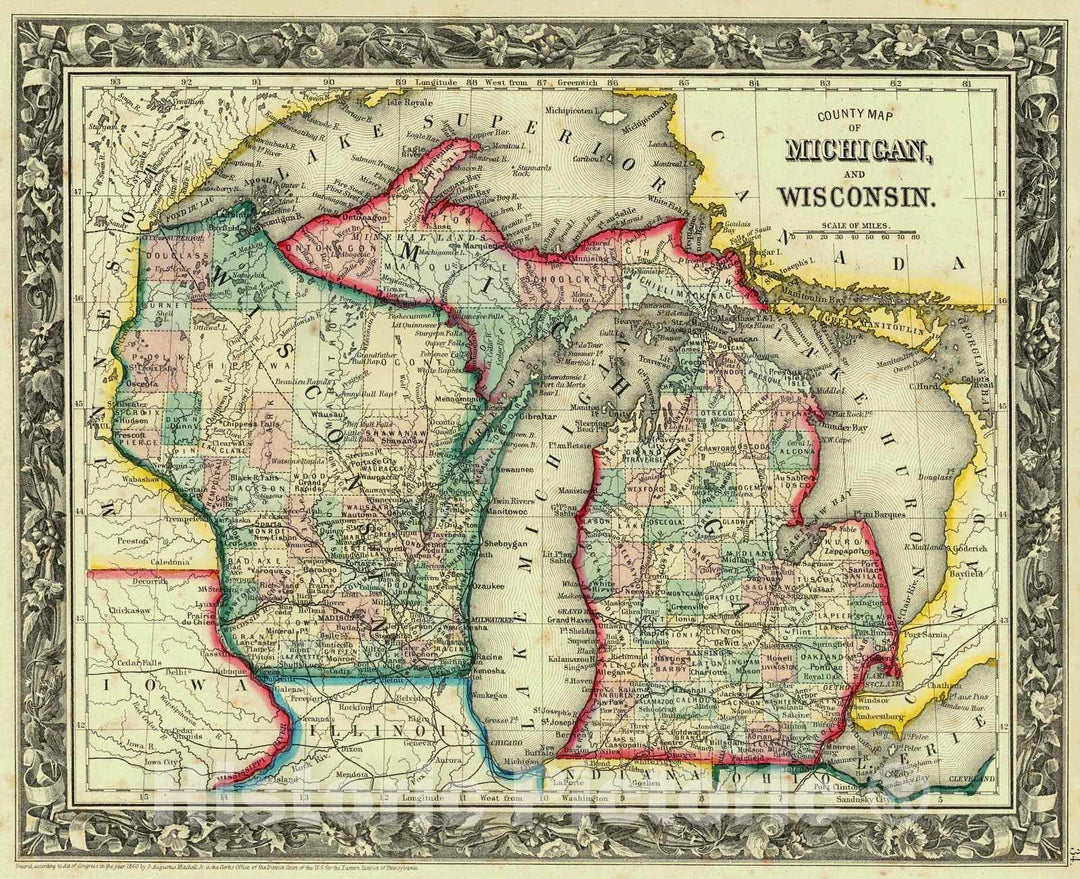 Historic Map : 1861 County Map of Michigan and Wisconsin : Vintage Wall Art