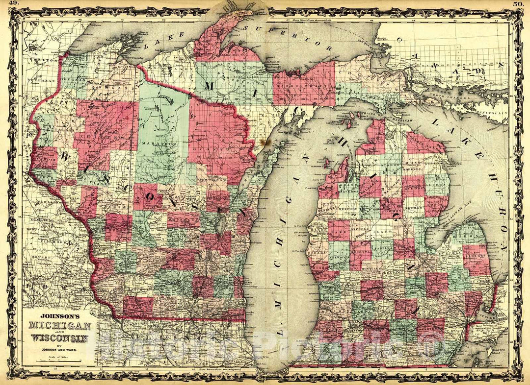 Historic Map : 1862 Johnson's Michigan and Wisconsin : Vintage Wall Art