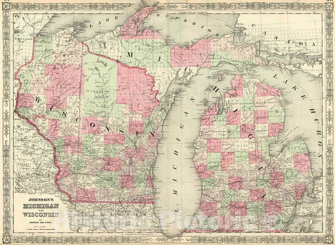 Historic Map : 1864 Johnson's Michigan and Wisconsin : Vintage Wall Art