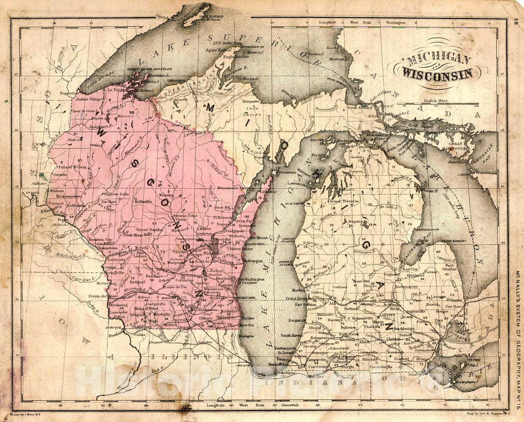 Historic Map : 1865 Michigan and Wisconsin : Vintage Wall Art