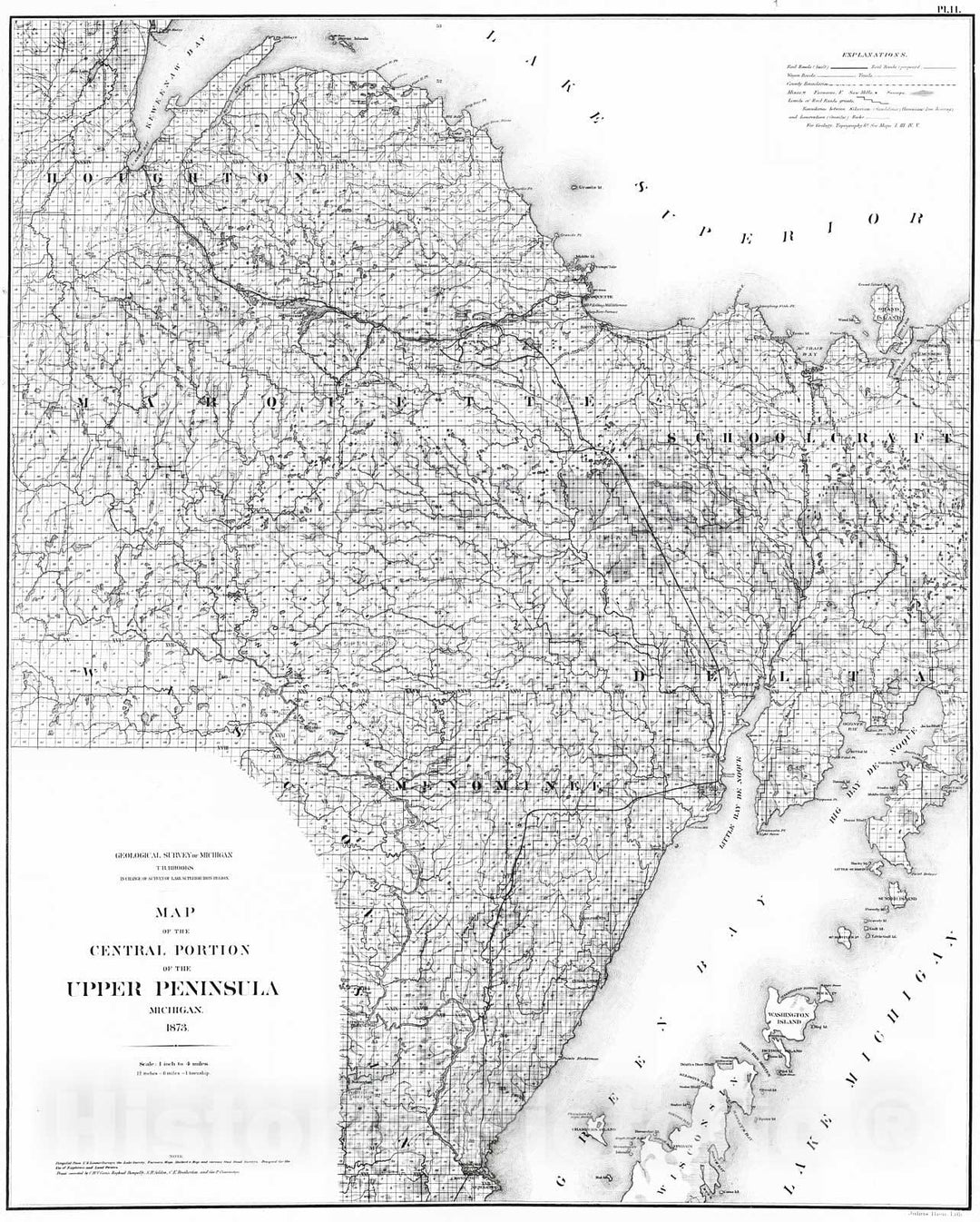 Historic Map : 1873 Map of the Central Portion of the Upper Peninsula, Michigan : Vintage Wall Art