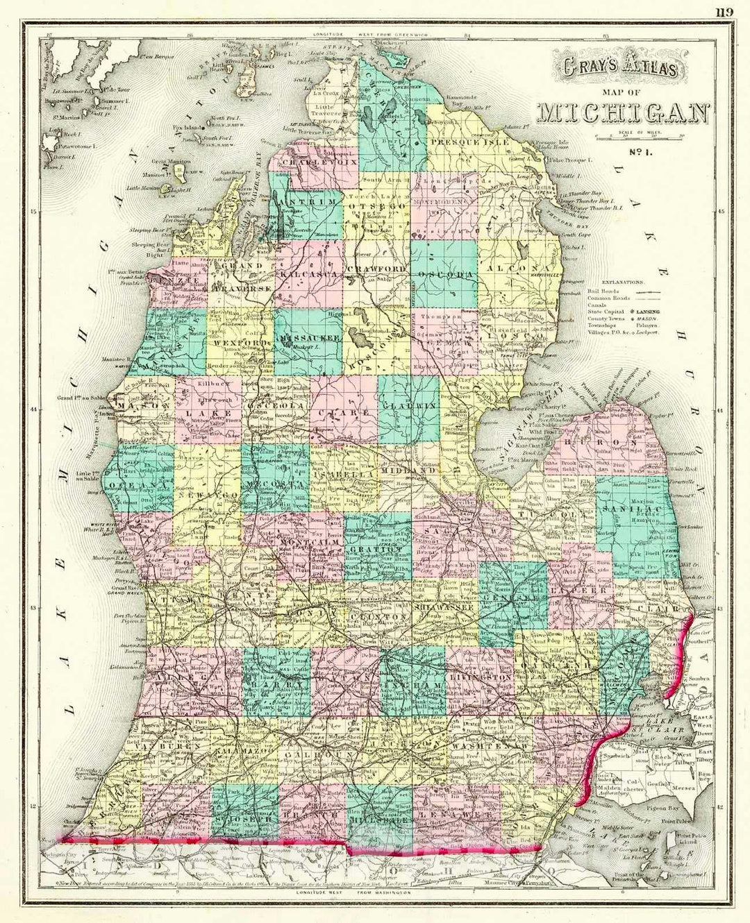 Historic Map : 1873 Gray's Atlas Map of Michigan No. 1  : Vintage Wall Art