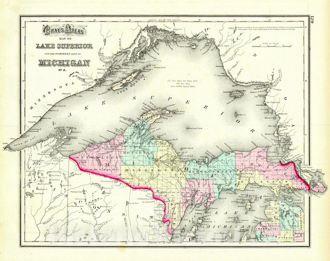 Historic Map :  Gray's Atlas Map of Lake Superior and the Northern Part of Michigan No. 2 : Vintage Wall Art