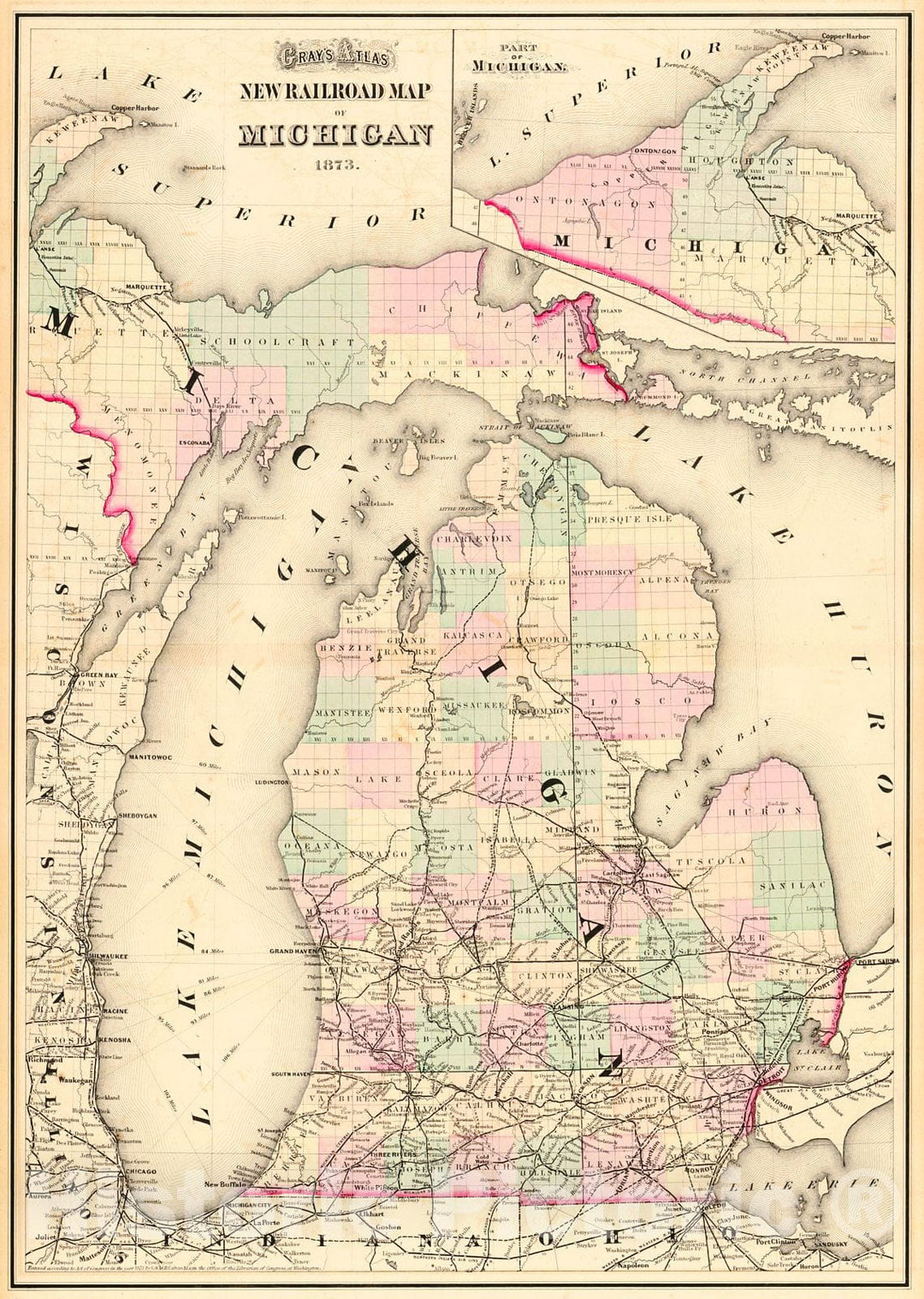 Historic Map : 1873 New Railroad Map of Michigan : Vintage Wall Art