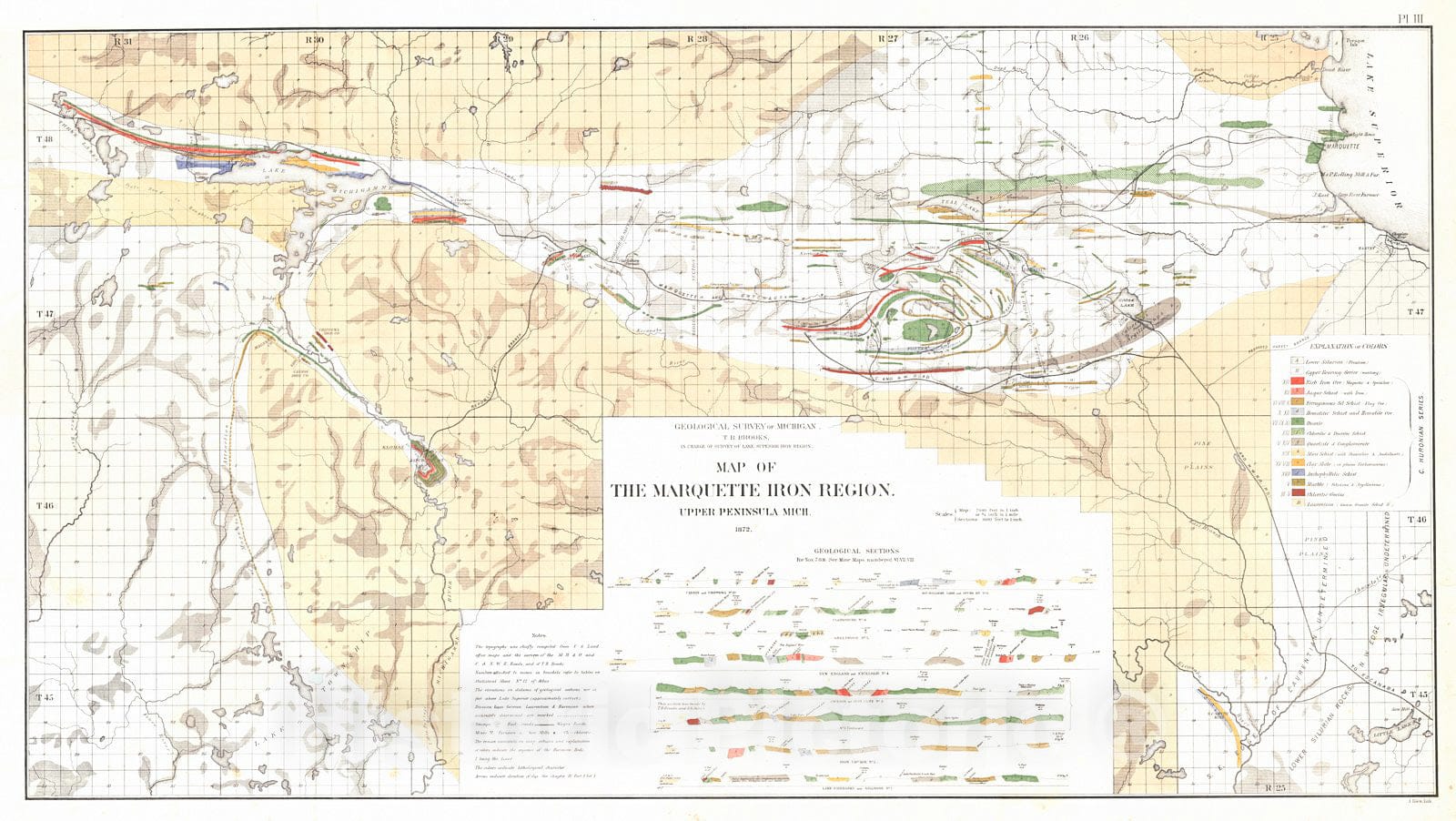 Historic Map : 1873 Map of the Marquette Iron Region Upper Peninsula, Michigan : Vintage Wall Art