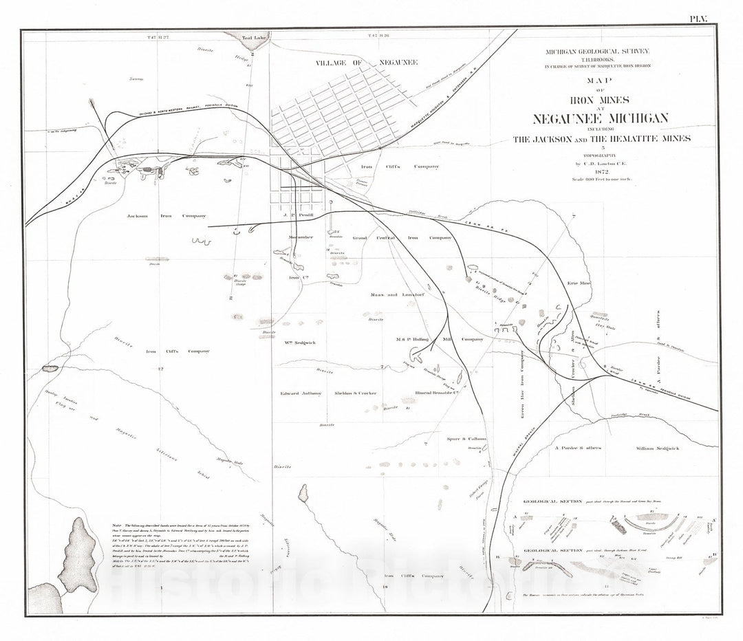 Historic Map : 1873 Map of Iron Mines at Megaunee, Michigan, including The Jackson and the Hematite Mines : Vintage Wall Art