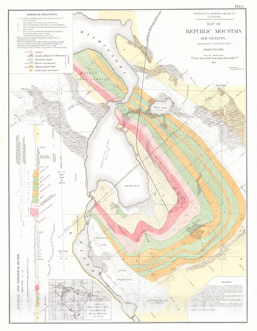 Historic Map : 1873 Map of Republic Mountain and Vicinity, Marquette Co., Michigan : Vintage Wall Art