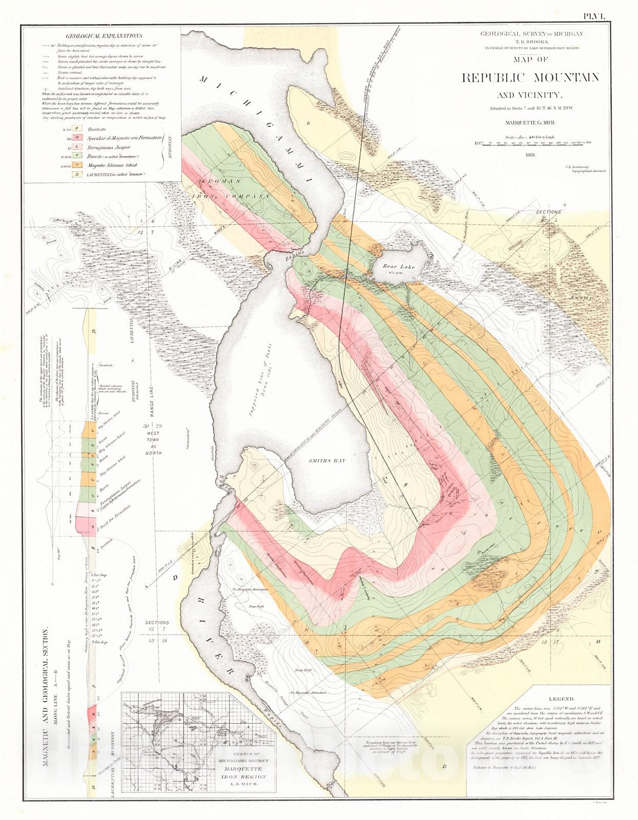 Historic Map : 1873 Map of Republic Mountain and Vicinity, Marquette Co., Michigan : Vintage Wall Art