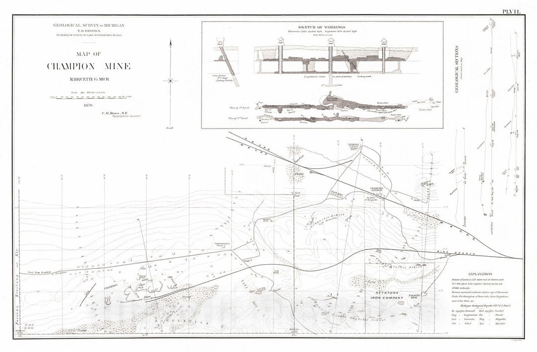 Historic Map : 1873 Map of Champion Mine, Marquette Co., Michigan : Vintage Wall Art