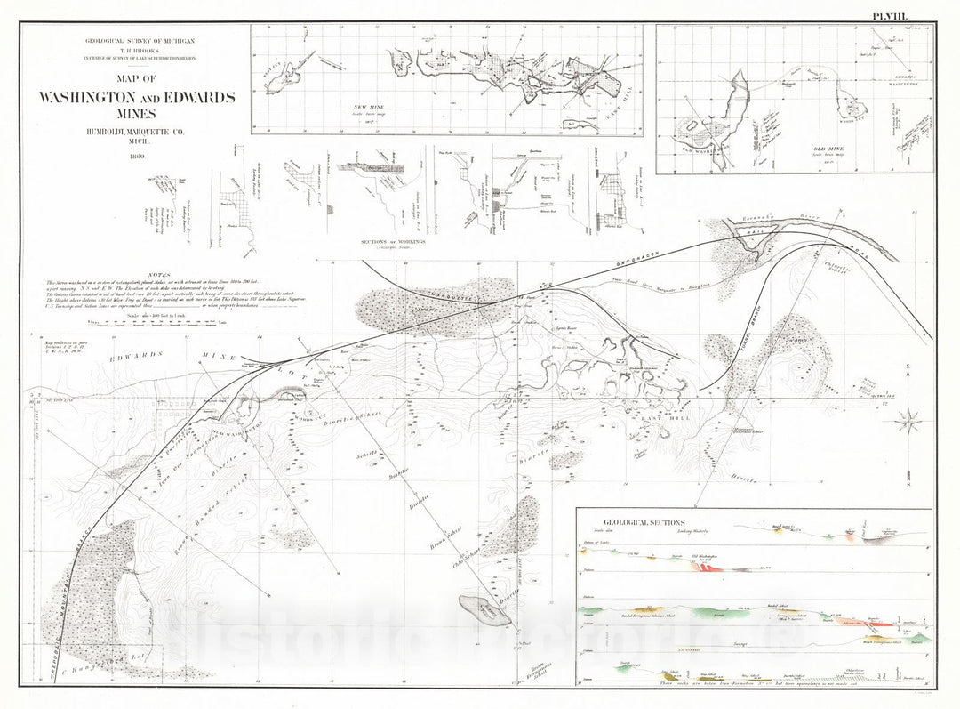 Historic Map : 1873 Map of Washington and Edwards Mines. Humboldt, Marquette Co., Michigan : Vintage Wall Art