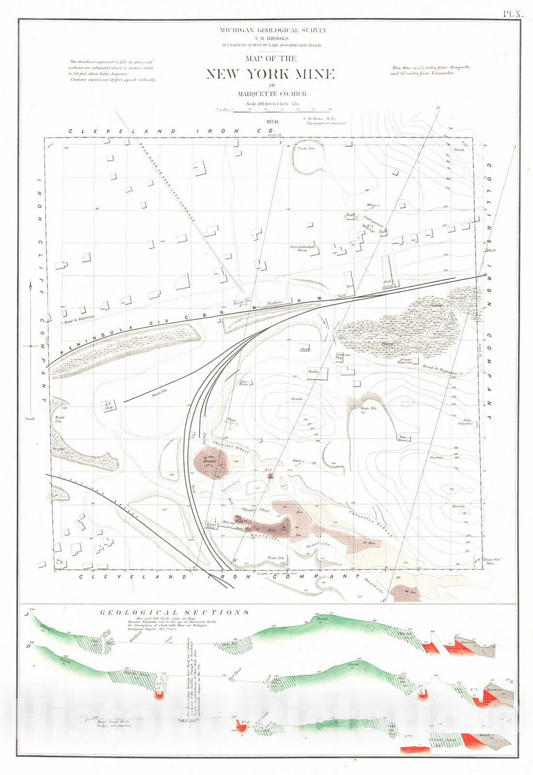 Historic Map : 1873 Map of the New York Mine of Marquette Co., Michigan : Vintage Wall Art