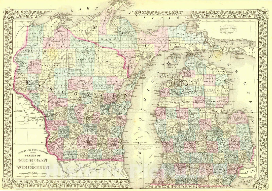 Historic Map : 1880 County and Township Map of the States of Michigan and Wisconsin : Vintage Wall Art