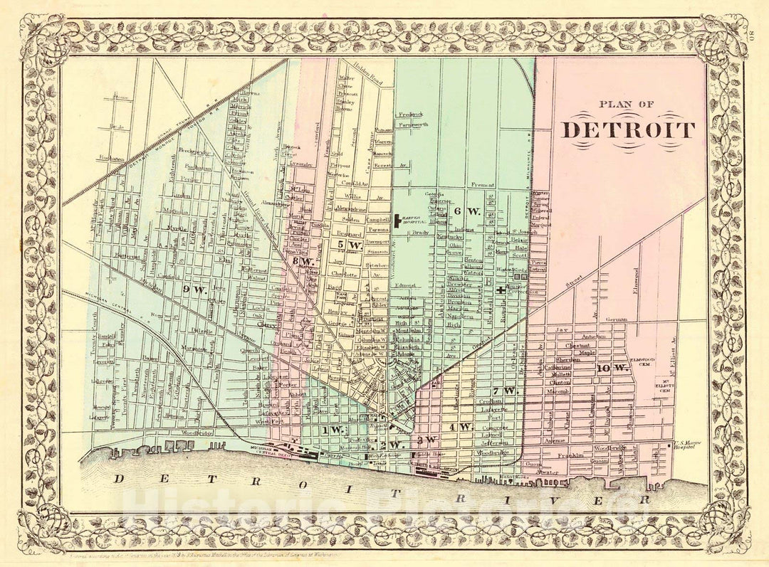 Historic Map : 1880 Plan of Detroit : Vintage Wall Art