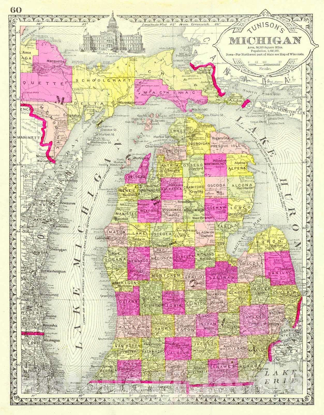 Historic Map : 1882 Tunison's Michigan : Vintage Wall Art