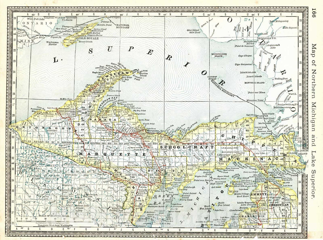 Historic Map : 1884 Map of Northern Michigan and Lake Superior : Vintage Wall Art