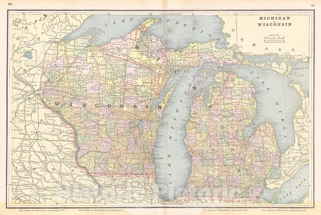 Historic Map : 1885 Michigan and Wisconsin : Vintage Wall Art