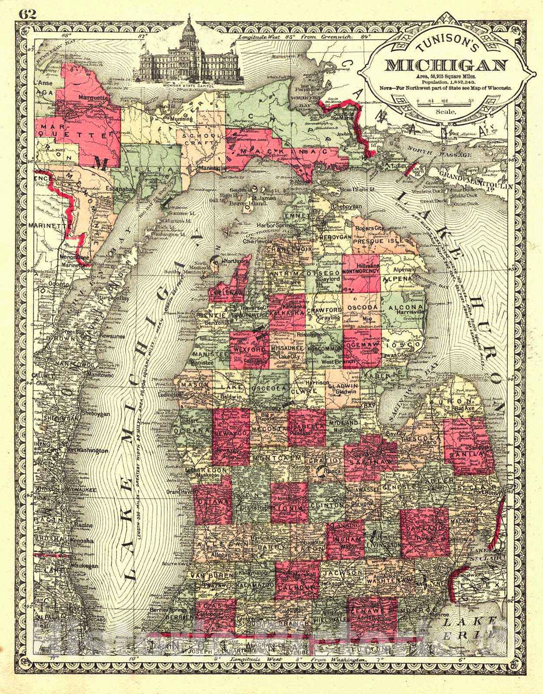 Historic Map : 1885 Michigan : Vintage Wall Art