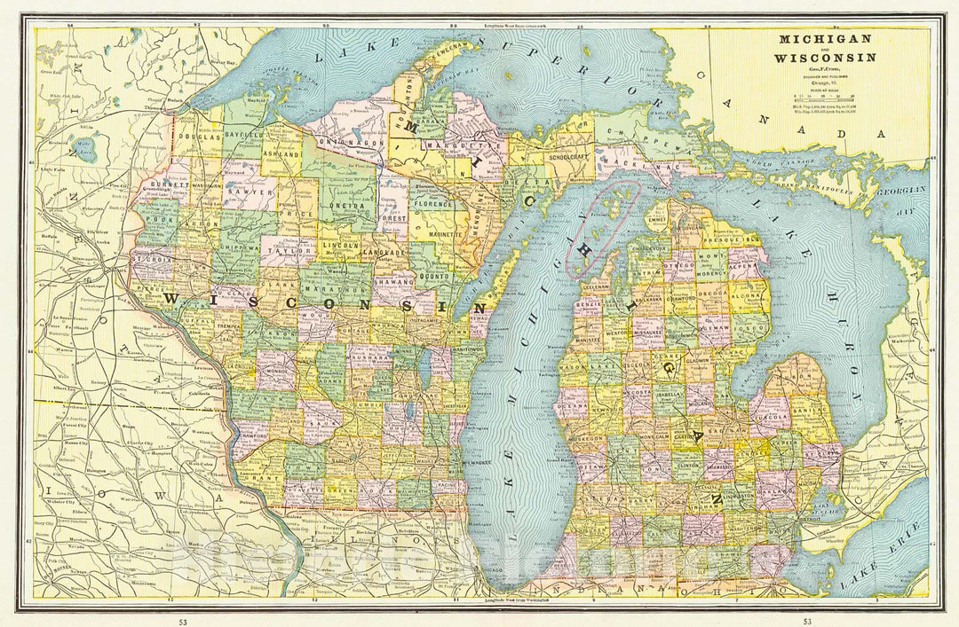 Historic Map : 1887 Michigan and Wisconsin : Vintage Wall Art