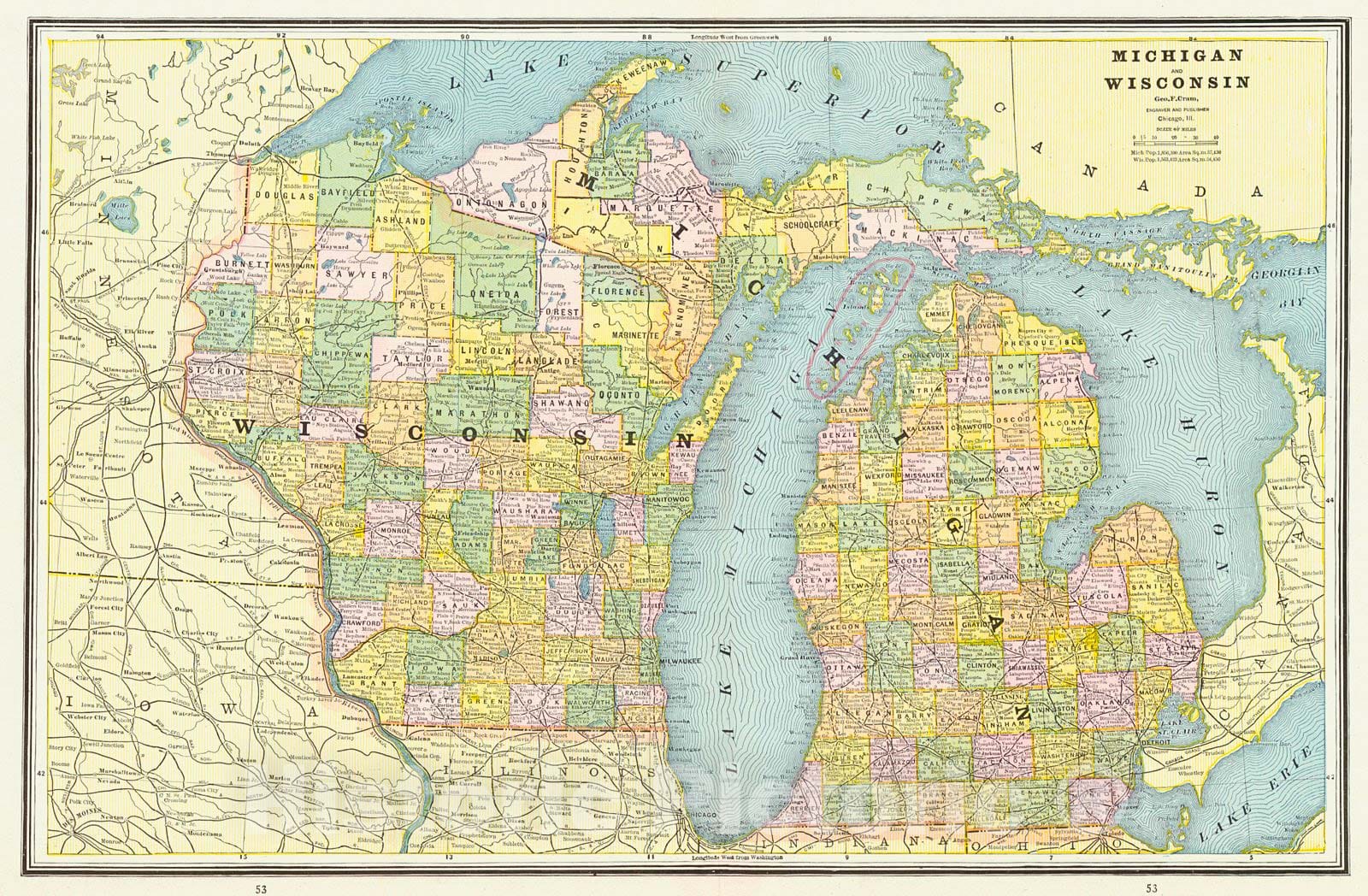 Historic Map : 1887 Michigan and Wisconsin : Vintage Wall Art