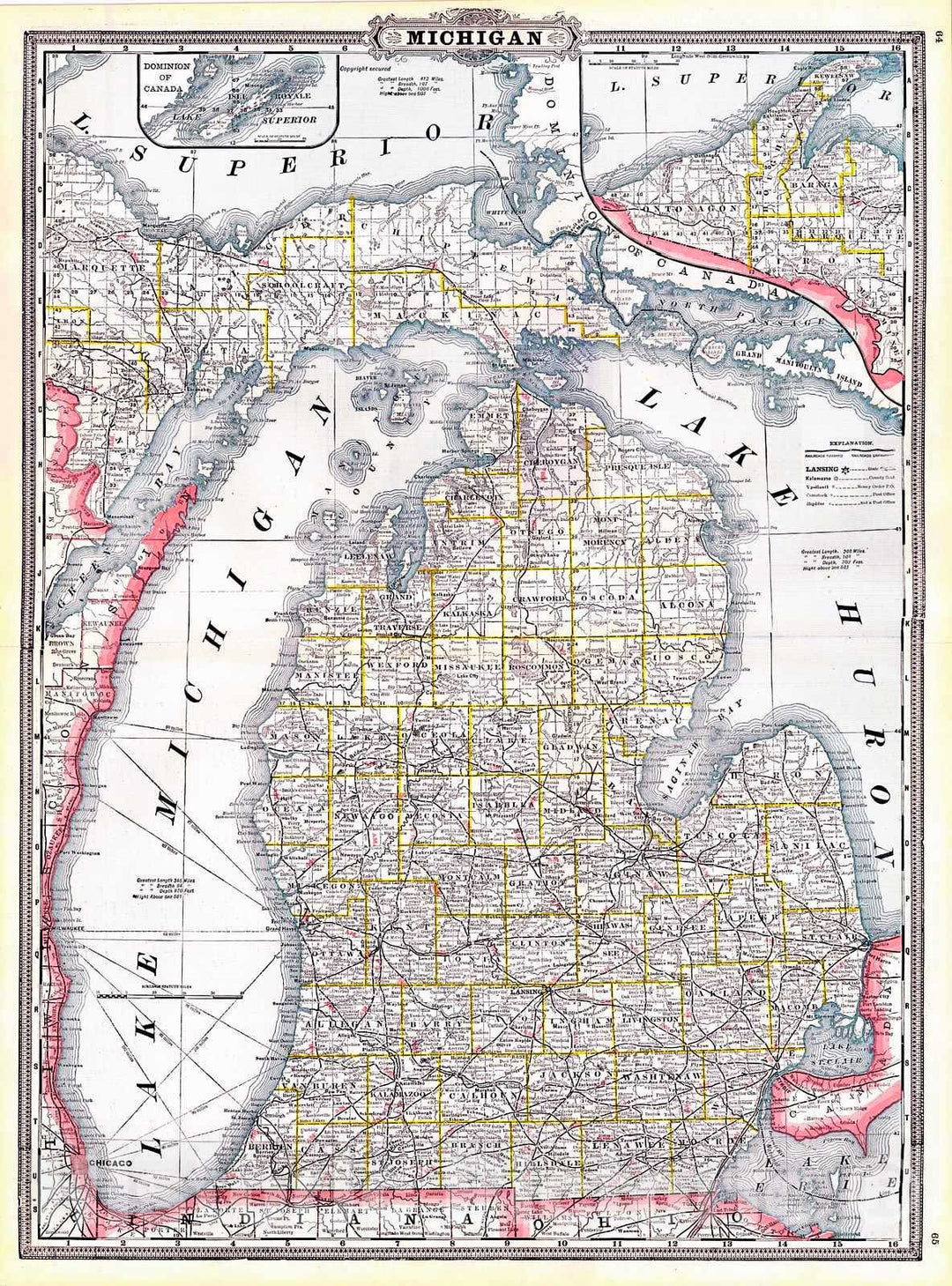 Historic Map : 1887 Michigan : Vintage Wall Art