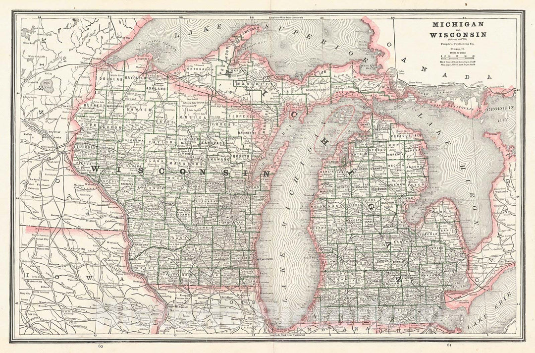 Historic Map : 1888 Michigan and Wisconsin : Vintage Wall Art