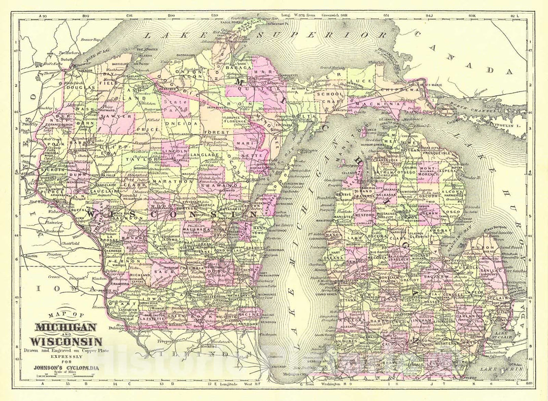 Historic Map : 1889 Map of Michigan and Wisconsin : Vintage Wall Art