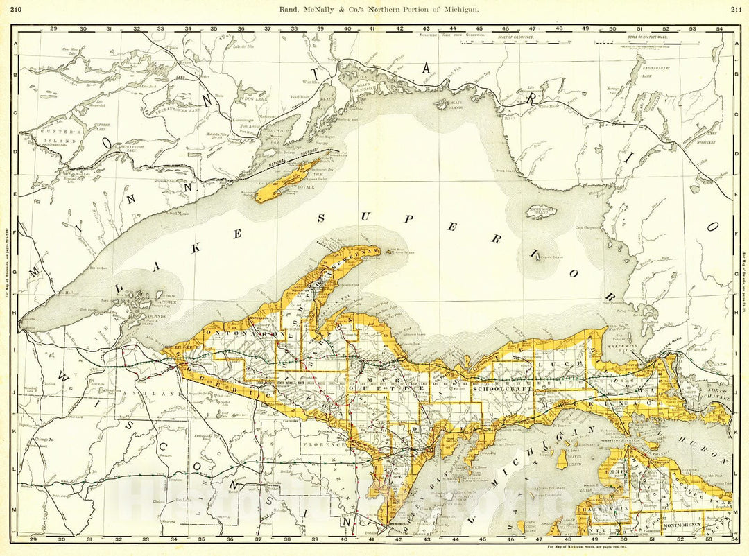 Historic Map : 1889 Rand McNally & Co.'s Northern Portion of Michigan : Vintage Wall Art