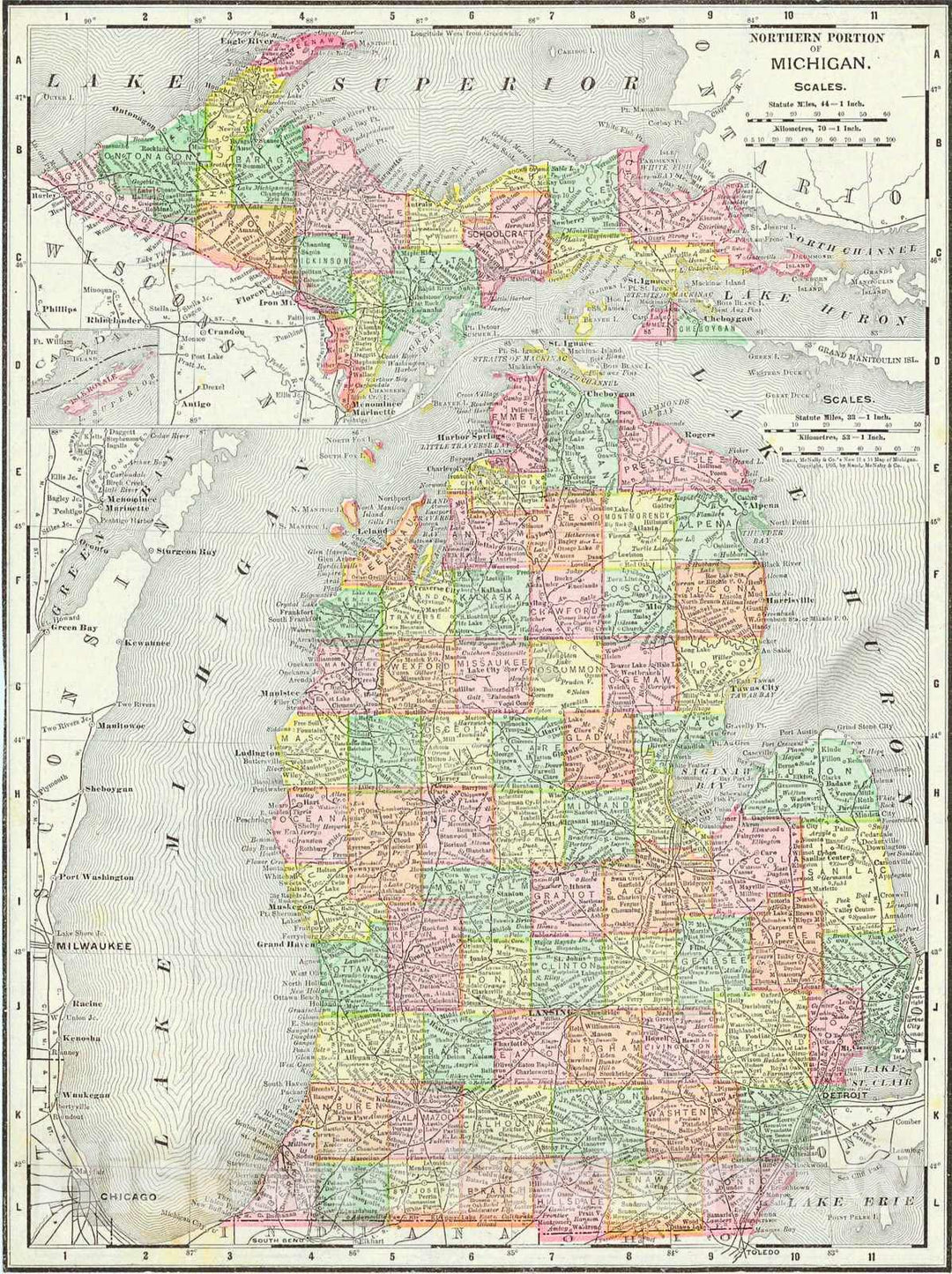 Historic Map : 1895 Rand McNally & Co.'s New Map of Michigan : Vintage Wall Art