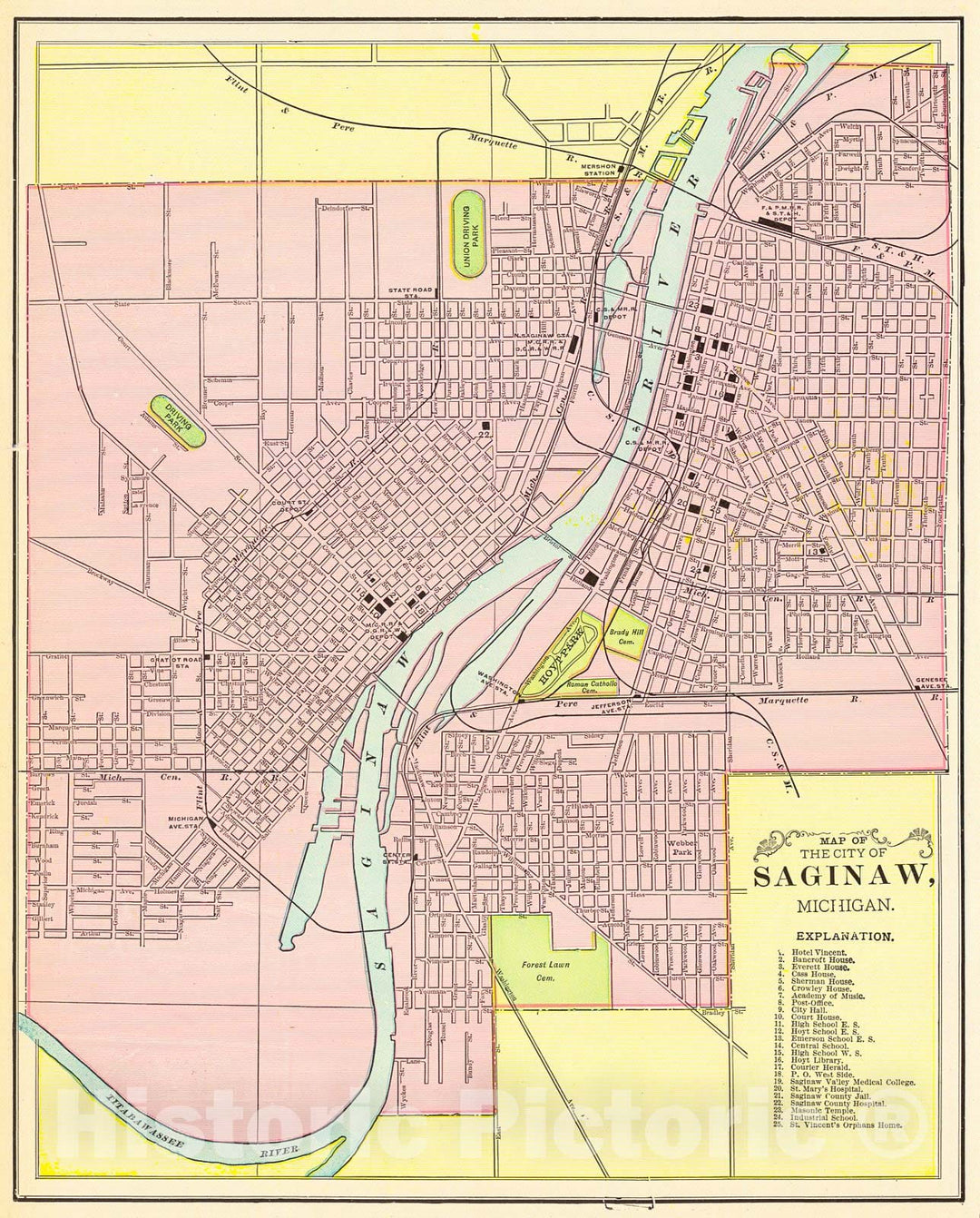 Historic Map :  Map of the City of Saginaw, Michigan, Michigan, 1898 : Vintage Wall Art