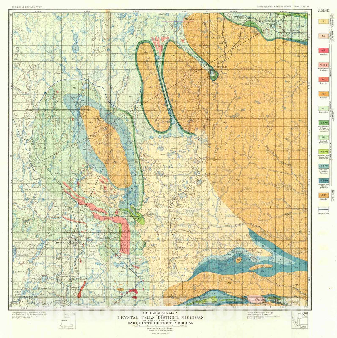 Historic Map : 1899 Geological Map of the Crystal Falls District Michigan Including a Portion of the Marquette District Michigan  : Vintage Wall Art