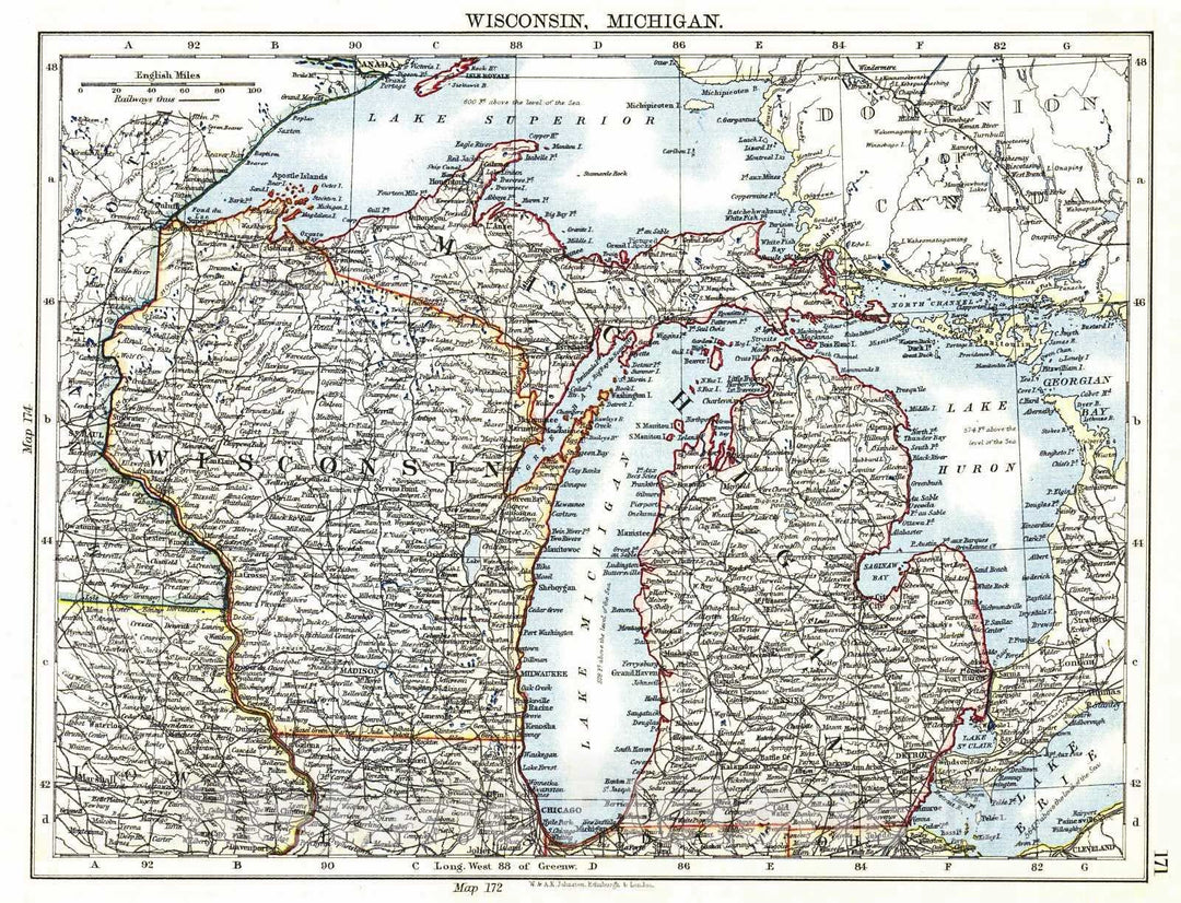 Historic Map : 1901 Wisconsin, Michigan : Vintage Wall Art