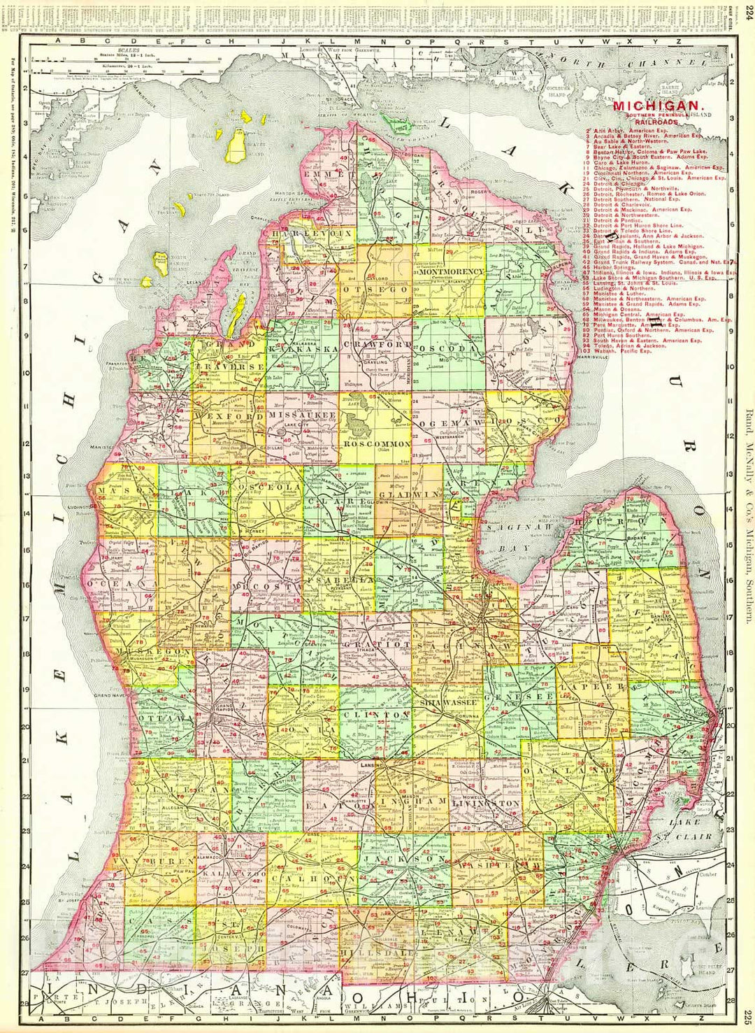 Historic Map : 1902 Rand McNally & Co.'s New Business Atlas Map of Michigan [Southern] : Vintage Wall Art