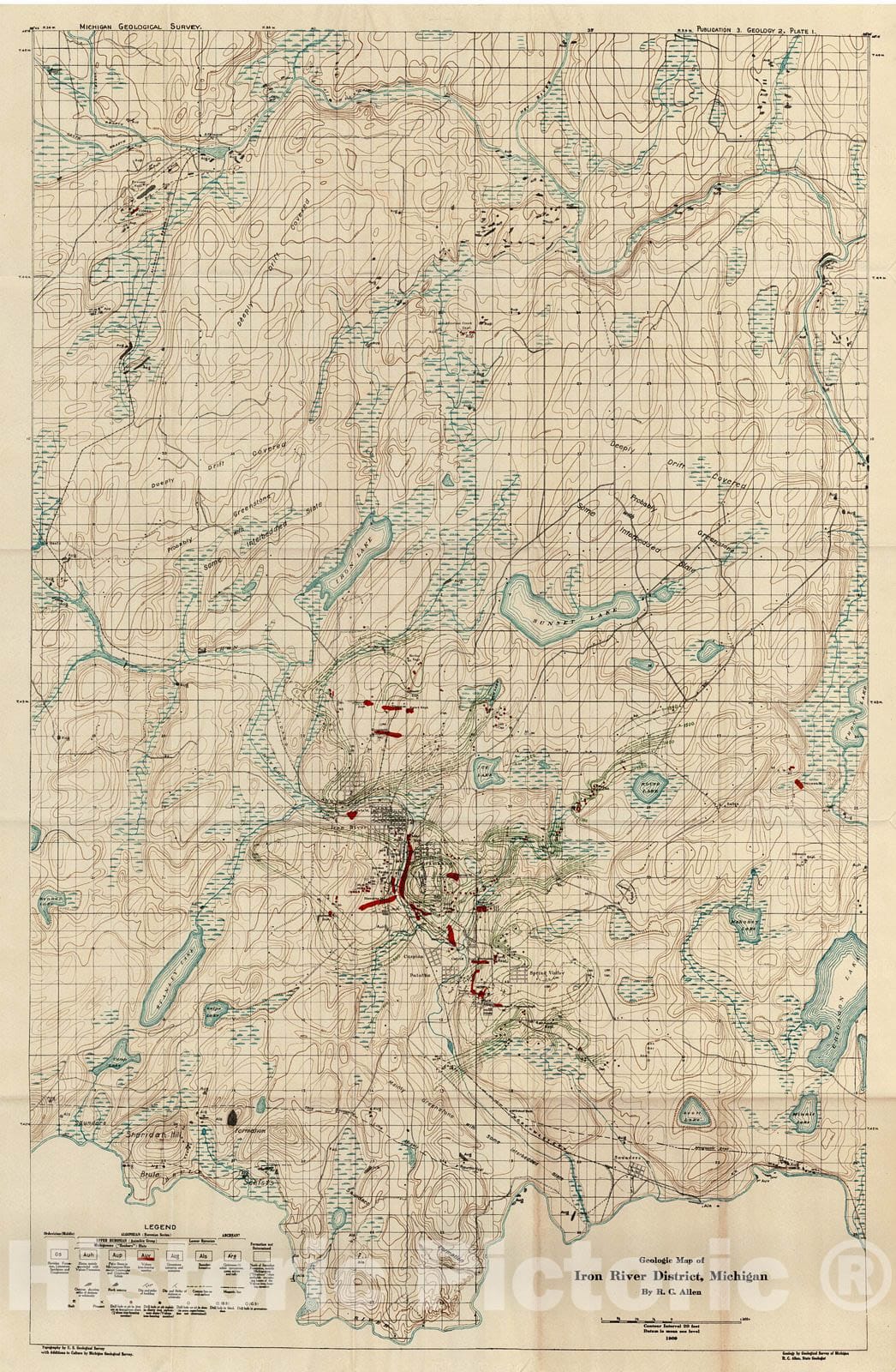 Historic Map : 1909 Geologic Map of Iron River District, Michigan  : Vintage Wall Art