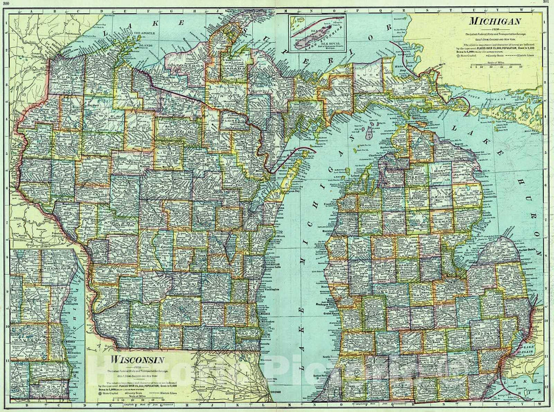 Historic Map : 1909 Michigan, Wisconsin : Vintage Wall Art