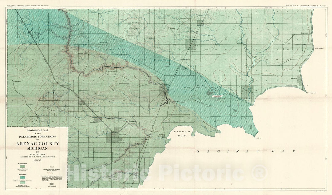 Historic Map : 1911 Geological Map of the Palaeozoic Formations of Arenac County, Michigan : Vintage Wall Art