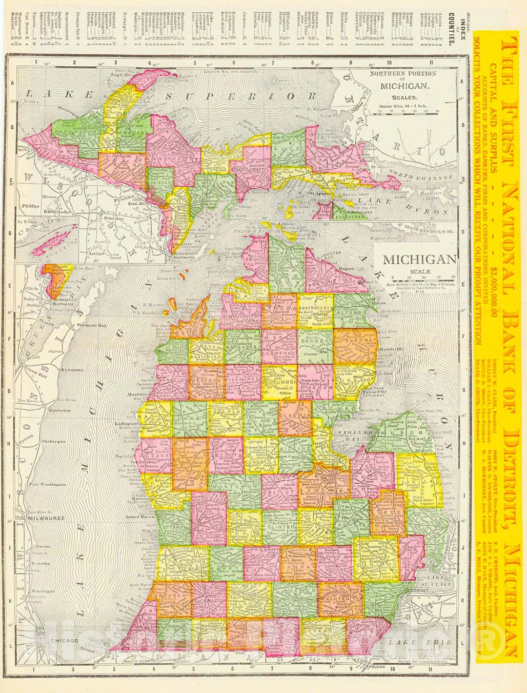 Historic Map : 1913 Rand McNally & Co.'s New Map of Michigan : Vintage Wall Art