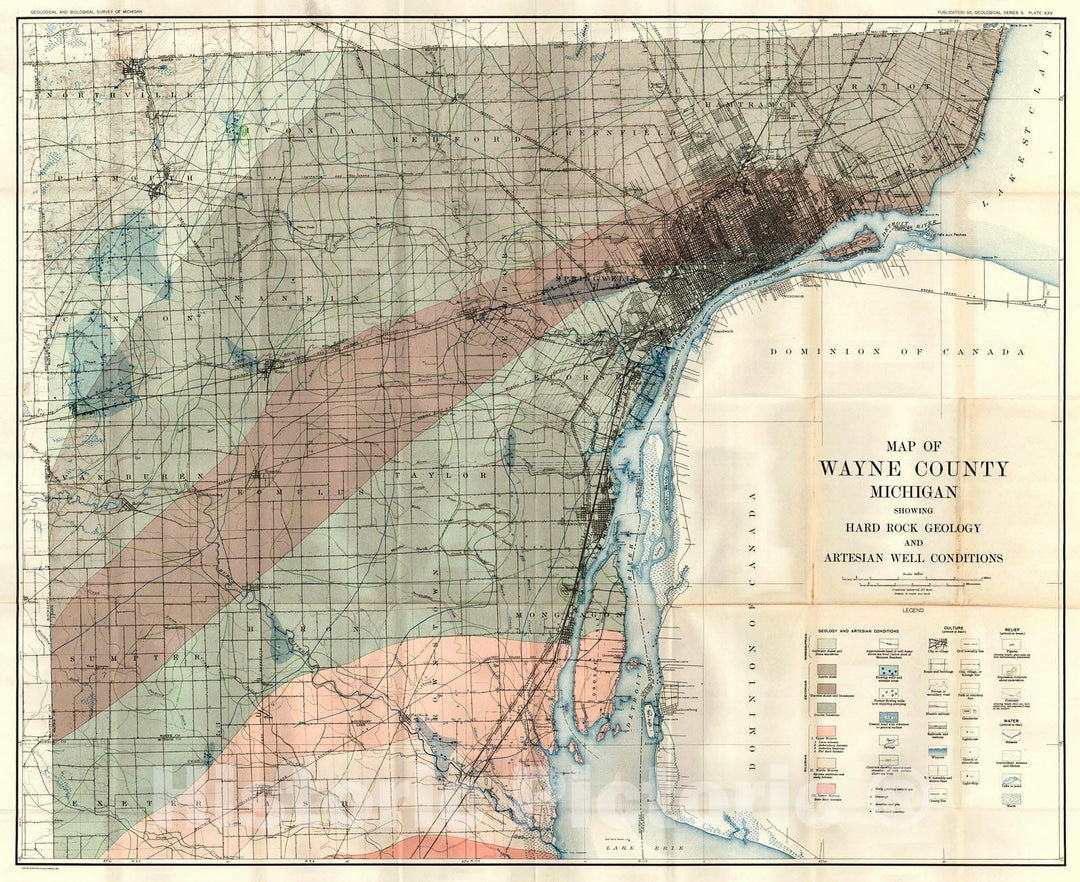 Historic Map : 1913 Map of Wayne County, Michigan showing hard rock geology and artesian well conditions : Vintage Wall Art