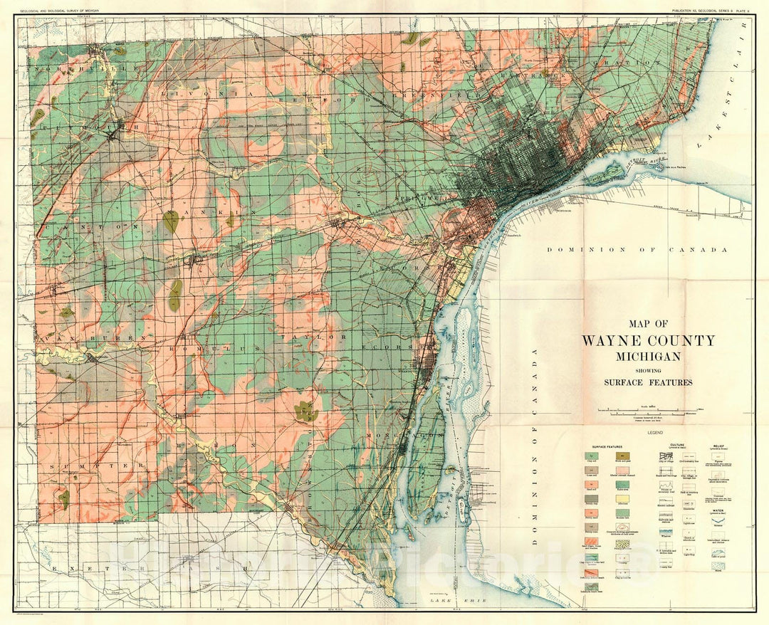 Historic Map : 1913 Map of Wayne County, Michigan showing surface features : Vintage Wall Art