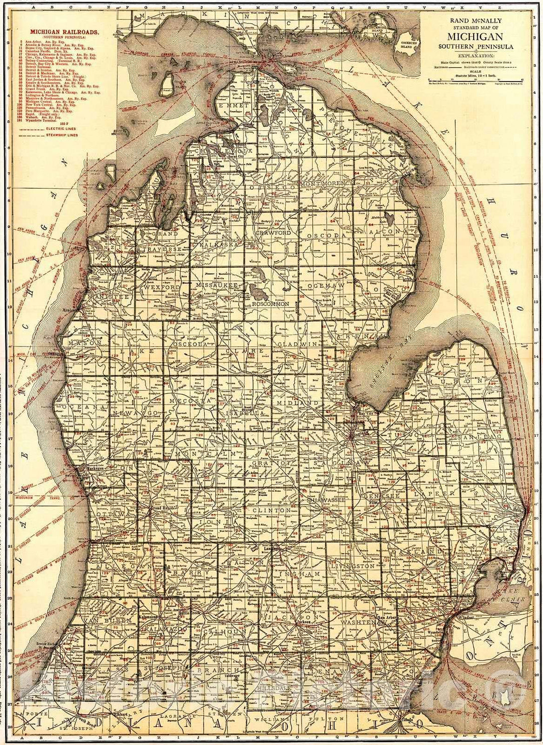 Historic Map : 1921 Michigan, Southern Peninsula : Vintage Wall Art