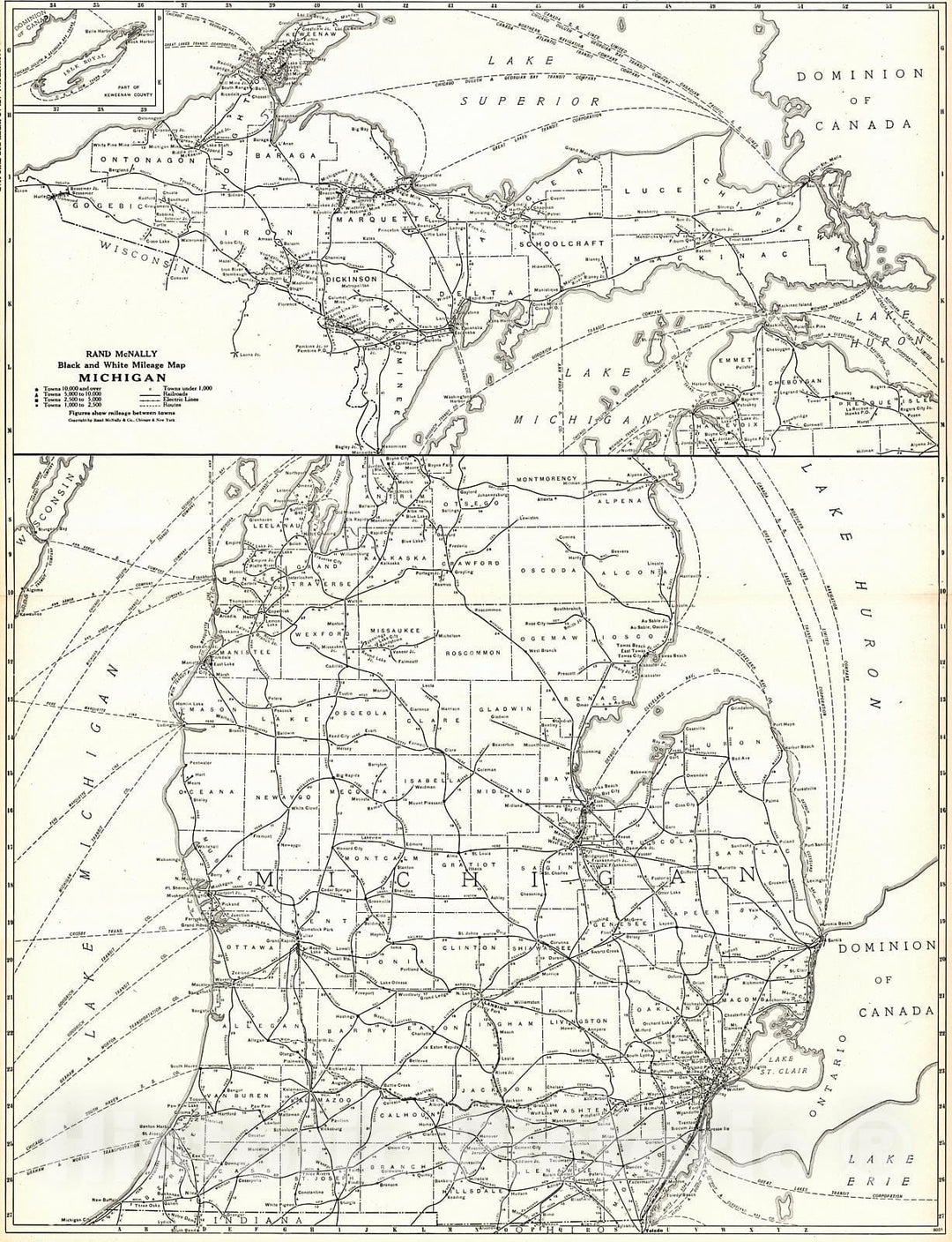 Historic Map : 1921 Michigan- Black and White Mileage Map  : Vintage Wall Art