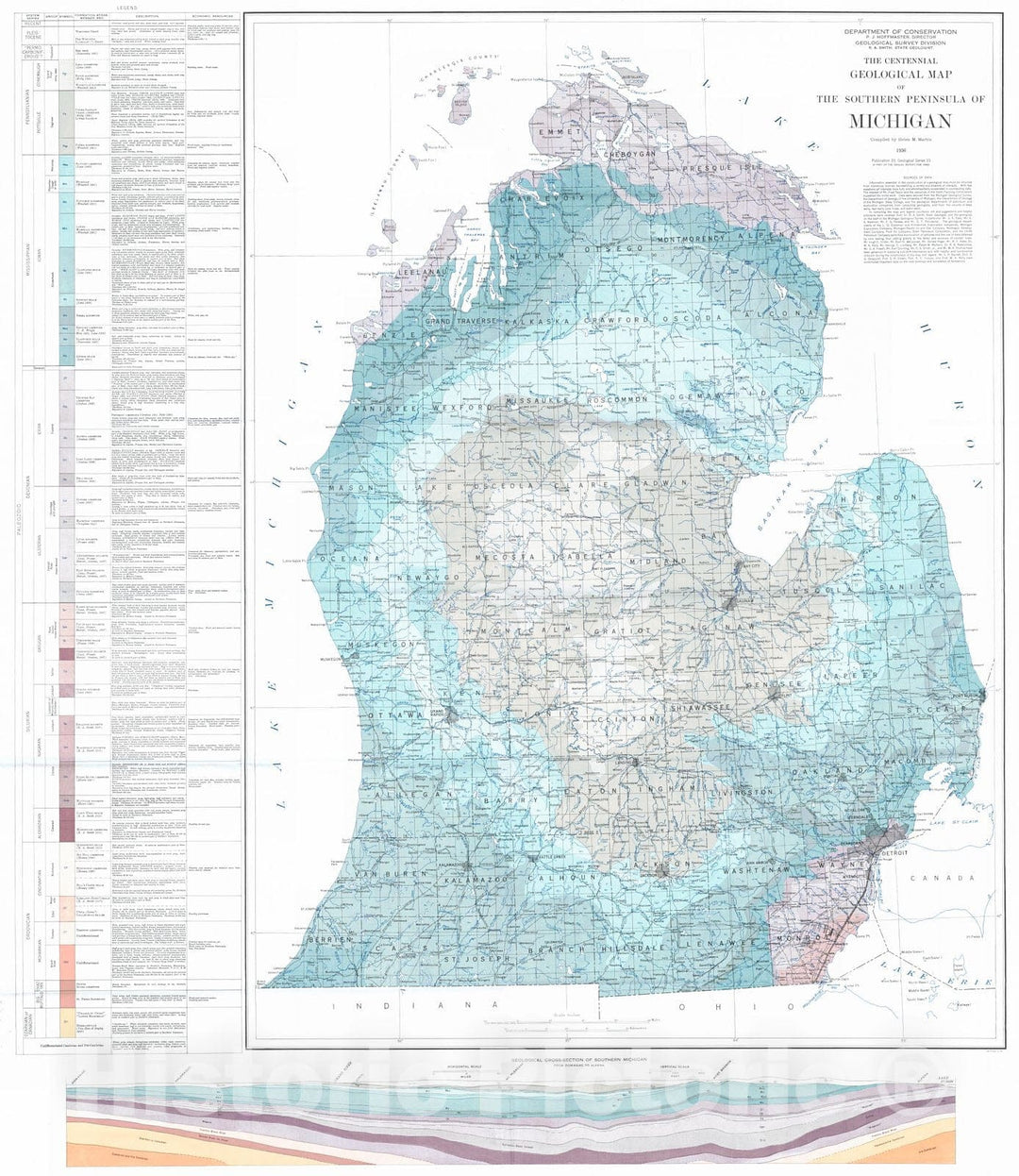 Historic Map : 1936 The Contennial Geological Map of the Southern Peninsula of Michigan : Vintage Wall Art