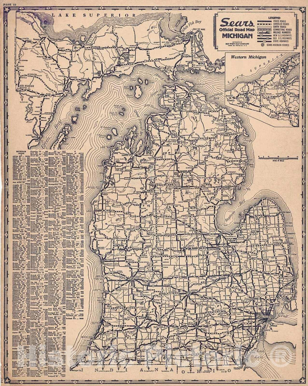 Historic Map : 1937 Sears Offical Road Map, Michigan : Vintage Wall Art