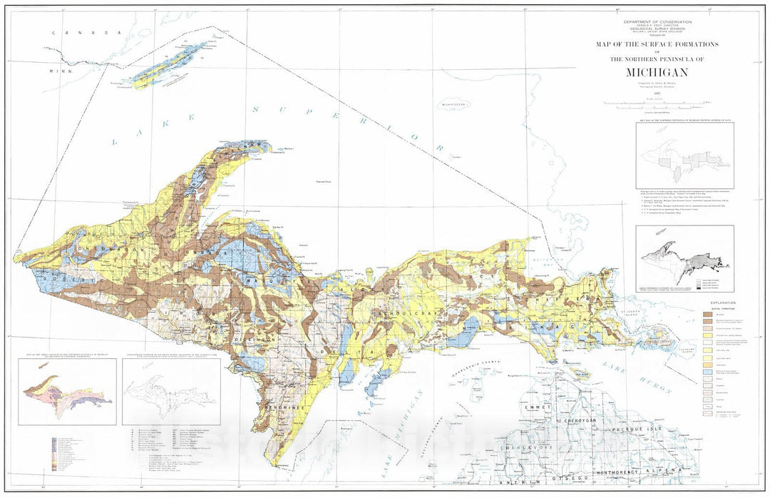 Historic Map : 1957 Map of the Surface Formations of the Northern Peninsula of Michigan : Vintage Wall Art