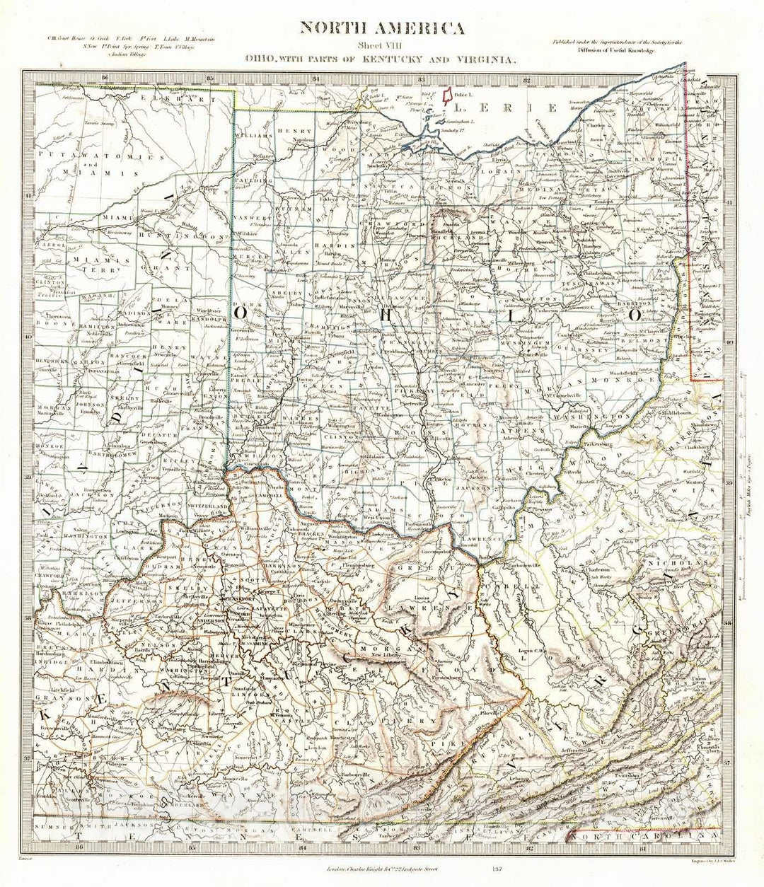 Historic Map : 1846 North America Sheet VIII Ohio, with Parts of Kentucky and Virginia : Vintage Wall Art