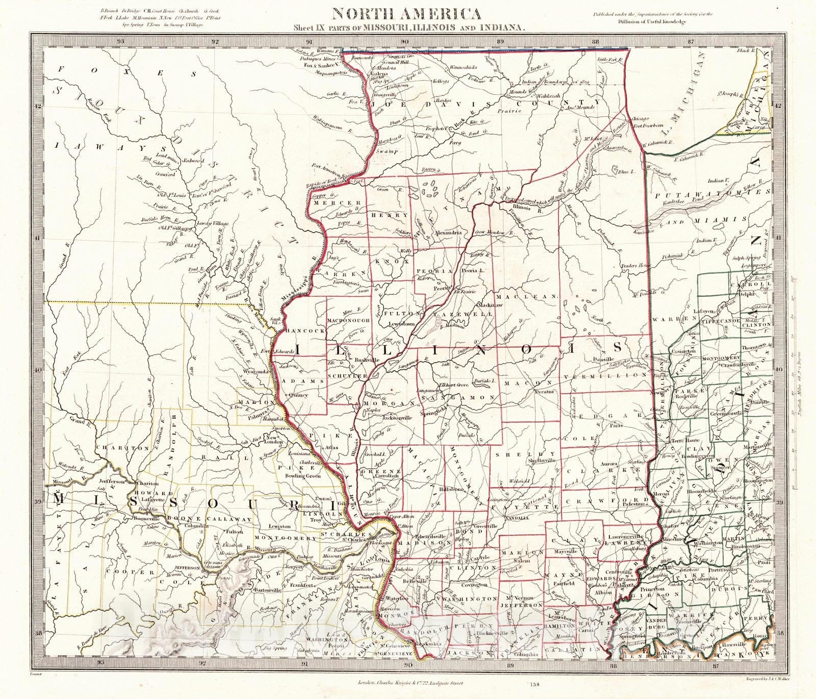 Historic Map : 1846 North America Sheet IX Parts of Missouri, Illinois and Indiana : Vintage Wall Art