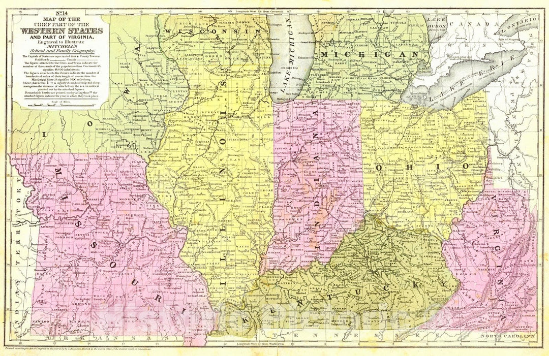 Historic Map : 1848 No. 14 Map of the Chief Part of the Western States and Part of Virginia : Vintage Wall Art