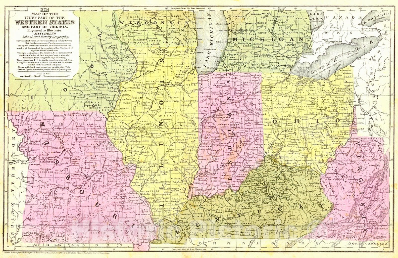 Historic Map : 1848 No. 14 Map of the Chief Part of the Western States and Part of Virginia : Vintage Wall Art